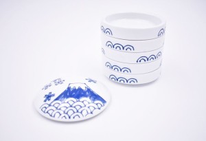 絵の具皿 小物入れ 蓋付き 和柄 丸型 五段 重ね皿 陶磁器製 (富士山と波)