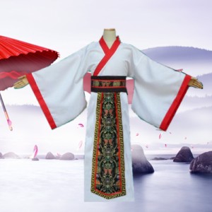 コスプレ チャイナ服 中国伝統柄 メンズ ロング ゴージャスな前垂れ付き (ホワイト)