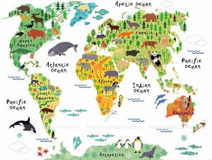 ウォールステッカー 世界地図 かわいい動物のイラスト