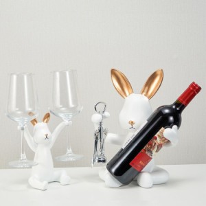 ワインホルダー スタイリッシュなウサギ お座り姿 モダン (ホワイト, ボトル用グラス用2個セット)