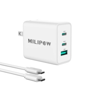 MiliPow GaN採用 USB充電器 65W PD18W 急速充電器 3ポート（USB-C x 2, USB-A x 1）折畳式プラグ、PSE認証済み、iPhone/iPad/Android等対