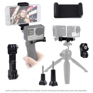 用デュアルマウント GoPro Hero 、ユニバーサルフォンホルダ、三脚アダプター付き — 同時に2つの異なるカメラアングルでビデオを録画 —