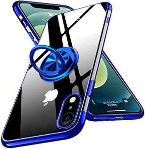 iPhone XR ケース リング付き クリア 青 アイフォンxr カバー リング 透明 耐衝撃 全面保護 薄型 軽量 メッキ加工 青縁 TPU スタンド機能