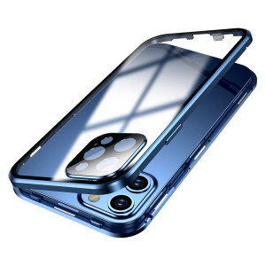 カメラレンズ保護 iPhone 13 ケース ( ロック機能付き+マグネット式 ) 両面強化ガラス アルミバンパー 両面クリア 360度全面保護 安全ロ