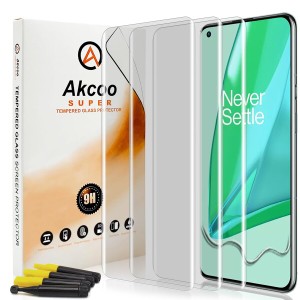 OnePlus 9 Pro ガラスフィルム，Akcoo 湾曲した強化フィルム UV全面吸着 （液体分散技術）高感度タッチ 指紋認証対応 撥油加工 飛散防止 