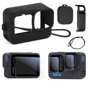 Asopetch Gopro Hero 10/ 9 Black適用保護ケース 保護フィルム 全面保護 高弾性 衝撃吸収 - 保護フィルム+電池カバー+ シリコンケース＋