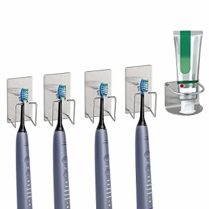 Phitruer 歯ブラシホルダー + 歯磨き粉ホルダー 5個組セット ステンレス製 歯ブラシ立て 歯磨き粉 電動歯ブラシ 置き 粘着 壁掛け 防錆 