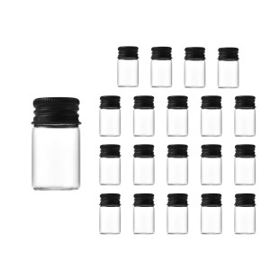 Charmoon 小瓶 透明 ガラス ミニボトル 蓋付き 密閉 小物 液体 保存 20個 セット (8ml, ブラック)