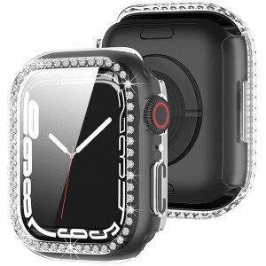 コンパチブル Apple Watch 41mm 45mm ケース メッキ加工バンパー PCケース ?一体型 強化ガラス画面カバー クリスタルダイヤ付き アップル