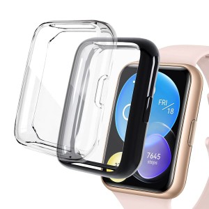 (2 Pack) METEQI ケース Compatible for Huawei Watch Fit 2,TPU超薄型オールラウンド保護カバー (黒+透明)