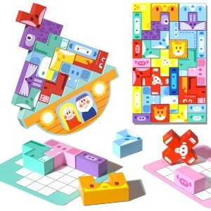 OTONOPI 木製テトリス バランスゲーム 木製パズル 積み木 立体パズル 形合わせ 木製おもちゃ 可愛い動物絵柄 子供 脳トレ 知育玩具 ボー