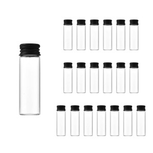Charmoon 小瓶 透明 ガラス ミニボトル 蓋付き 密閉 小物 液体 保存 20個 セット (15ml, ブラック)