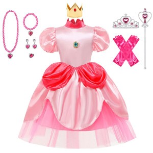 新しい女の子の王女のドレス ビキニ王女のドレス コス子供スーパーマリオ マリオゲームドレス クリスマスドレス ライトピンク 120