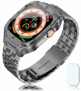 コンパチブルapple watch ultra/Ultra 2バンド,3 in 1ステンレススチール iWatch Ultra/Ultra 2ケースとストラップ、9H強化ガラススクリ