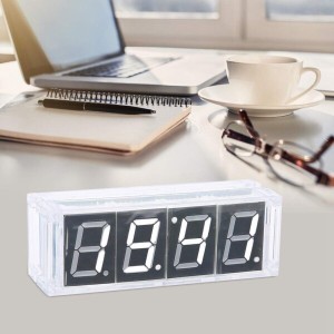 4-デジタルDIY時計キット、電子LED時計キット自動表示時間/温度、ブザーリマインダー、光制御機能付き (白)