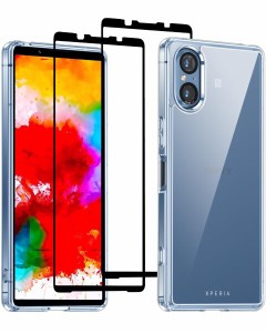 Xperia 5v ケース クリア SO-53D SOG12 ケース ガラスフィルム２枚付き xperia5 v カバー 耐衝撃 全面保護 ストラップ ホール付き ワイヤ