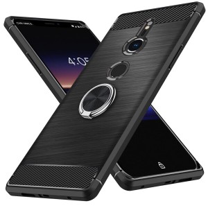 Xperia XZ3 ケース リング付き TPU 耐衝撃 炭素繊維カバー 保護バンパー 弾力性付き 衝撃吸収 車載ホルダー対応 耐久性 散熱加工 超薄型 