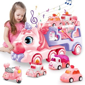 Qizebaby 車 おもちゃ 建設トラック子供 の 車 おもちゃ 玩具?5 in 1 人気 おもちゃ 光と音楽で乗り物を運ぶ 知育玩具 2 3 4 5 6歳 女の