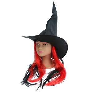 (Hooin) ハロウィンの魔女の帽子。 カラフルなウィッグが付いたハロウィーンの帽子 (赤)
