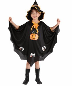 (RuiMuQing) ハロウィン 衣装 3点セット ポンチョ 帽子 かぼちゃ袋 魔女 悪魔 巫女 幽霊 かぼちゃ 子供 男女兼用 人気 コスプレ イベント