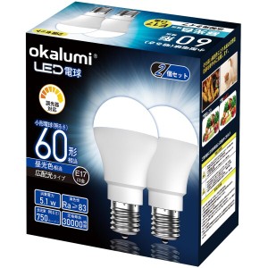 okalumi LED電球 調光器対応 E17口金 60W形相当 昼光色 750lm 密閉器具対応 広配光 小形電球タイプ ミニクリプトン電球 60形 2個入り