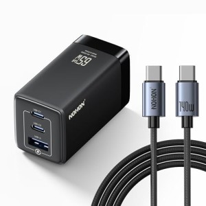 NOHON USB-C 急速充電器 小型 軽量：65W GaN PD3.0 Type-C 携帯充電器｜折りたたみ式プラグ｜140W Type-C 120cm 充電ケーブル付き｜3ポー