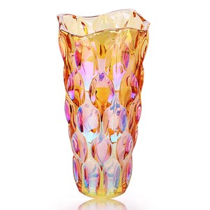 Fukolilili鮮花ガラス花瓶現代ファッション北欧花瓶24cm広口カラフル花瓶、結婚式食卓インテリア装飾品 (輝く琥珀色)
