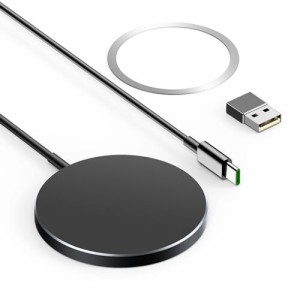 THREEKEY iPhone 15 用 マグネット式 ワイヤレス充電器 Magsafe対応 ワイヤレス充電器 磁気増強リング付き USB/Type-Cポートに対応 金属