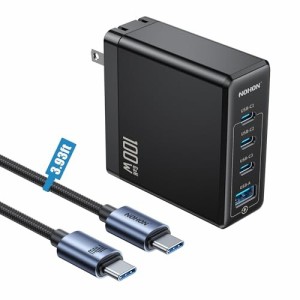 NOHON USB-C 急速充電器 100W 4ポート: PD3.0 新生代GaN技術 折畳み式プラグ 充電器 | 140W PD3.1 Type-Cケーブル付き | 4台同時充電 USB