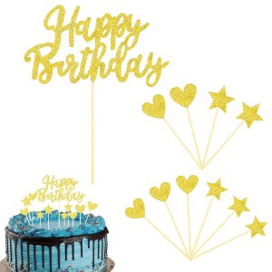 Doyime Happy Birthday ケーキトッパー 誕生日 ケーキ飾り (11点セット) 星 ケーキ挿入 カード ハッピーバースデ ー ケーキデコレーショ
