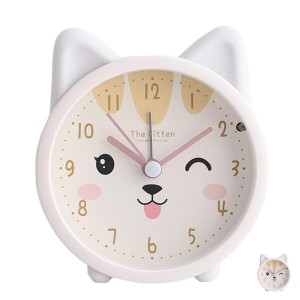 Ikiretmua 目覚まし時計 置き時計 子供用 ウサギ模様 猫模様 勉強用時計 ナイトライト付き 静音 電池式 (白)