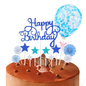 ケーキトッパー 誕生日 12点セット Happy Birthday ケーキ挿入カード かわいい 風船 ペーパーファン 星 ケーキトッパー 誕生日ケーキ飾り