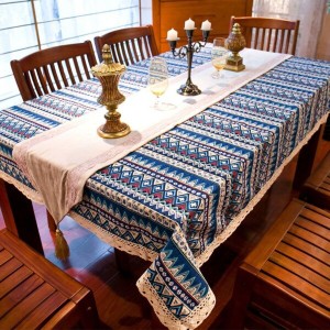 エスニック柄 テーブルクロス 長方形 正方形 角テーブル 丸テーブル 防水 綿麻 快適な手触り かわいい レース 上質 サイズ選べる ブルー 