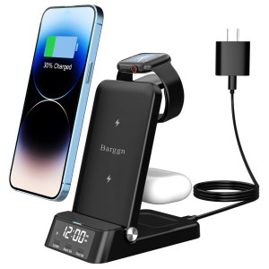 Barggn 4 in 1 ワイヤレス充電ステーション、急速充電器 qi充電スタンド 折りたたみ式 時計付き Compatible with iPhone 15 14 13 12 11 