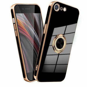 iphoneSE2 SE3 7 8 ケース リング付き 衝撃吸収 TPU 車載ホルダー ストラップホール付き 軽量 メッキ加工 (ブラック)