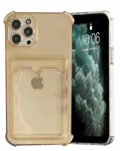 iPhone12 (ゴールド) 6.1インチ アイフォン12 ケース カバー ポケット付き カード収納 クリア スマホケース TPU Qi充電 滑り止め すり傷