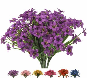 造花 人工の屋外の花 8束のバンドルUV耐性偽の花、人工の紫の花 フェイクフラワー プラスチック フェイクフラワー グリーン 低木 植物 装