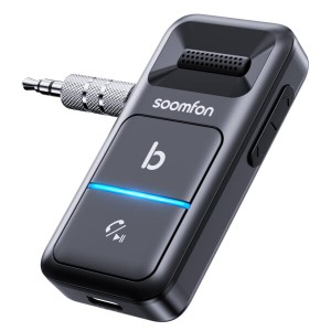 Aux Bluetooth 5.0 レシーバー 低音強化 - SOOMFON ブルートゥース レシーバー 車載 受信機 3.5mm 超小型 16時間再生 2台同時接続 マイク