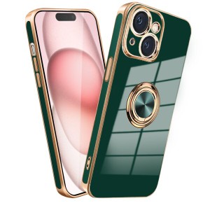 iphone15 ケース リング付き 衝撃吸収 TPU 車載ホルダー ストラップホール付き 軽量 メッキ加工 (ダークグリーン)