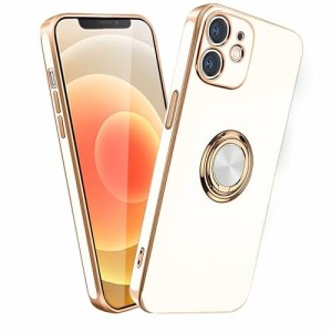 iphone12 ケース リング付き 衝撃吸収 TPU 車載ホルダー ストラップホール付き 軽量 メッキ加工 (ホワイト)