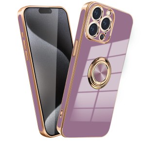 iphone15ProMax ケース リング付き 衝撃吸収 TPU 車載ホルダー ストラップホール付き 軽量 メッキ加工 (パープル)