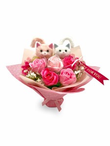 ( 2024年 クリアバッグ付き ) ソープフラワー ギフト 贈り物 マスコット ネコ ピンク ホワイト お祝い 花束 ブーケ 石鹸 造花 高さ約25cm