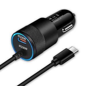 60W シガーソケットusb c 急速充電器 type cケーブル付き 2ポート同時 車載充電器 PD30W+PD30W FodLop 車 usb カーチャージャー 12V/24V