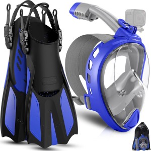 Odoland シュノーケルセット フルフェイス型ダイビングマスク、調整可能フィン 180度超広角 GoPro取付可能 折り畳み式 曇り止め スキュー