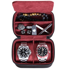 ダブルウォッチ旅行ケース 収納オーガナイザー 2本の腕時計用 丈夫なポータブル保護 ファスナー付き 50mmまでのすべての腕時計とスマート