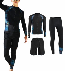 (Adigaber) ラッシュガード メンズ 水着 上下 セット フィットネス サーフパンツ レギンス 長袖 前開き 3点セット 男性 スイムウェア UV