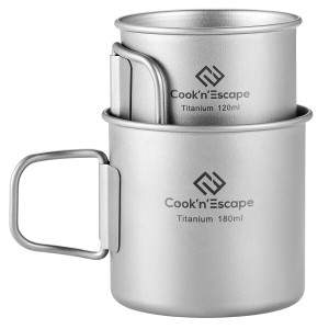 COOK'N'ESCAPE チタンマグ スタッキング コーヒーカップセット 120ml+180ml 折りたたみ取っ手 軽量 直火 収納袋付き CA2407