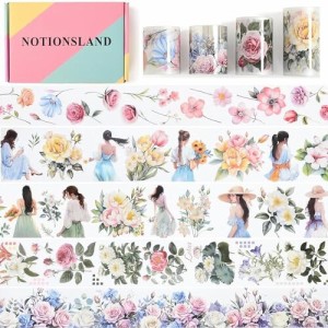 NOTIONSLAND マスキングテープ 可愛い 美し 花 女の子 手帳 DIY 和紙 透明PET テープ 広幅 (4巻ギフトボックス)