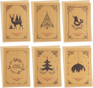 FINGOOO クリスマス カード 6種 36枚セット グリーティングカード サンキュー メッセージ 英語 シンプル (茶色い クラフト紙)
