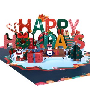 Magic Ants ハッピー・ホリデー・ポップアップカード - フェスティブなペンギン、サンタの靴下、ベルが登場する3Dクリスマスカード